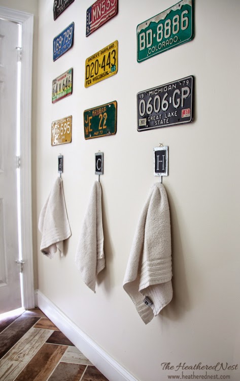 $1 Towel Hooks!  Heathered Nest Vintage Transportation Inspired Kids Bath Project.  Take a look!!
