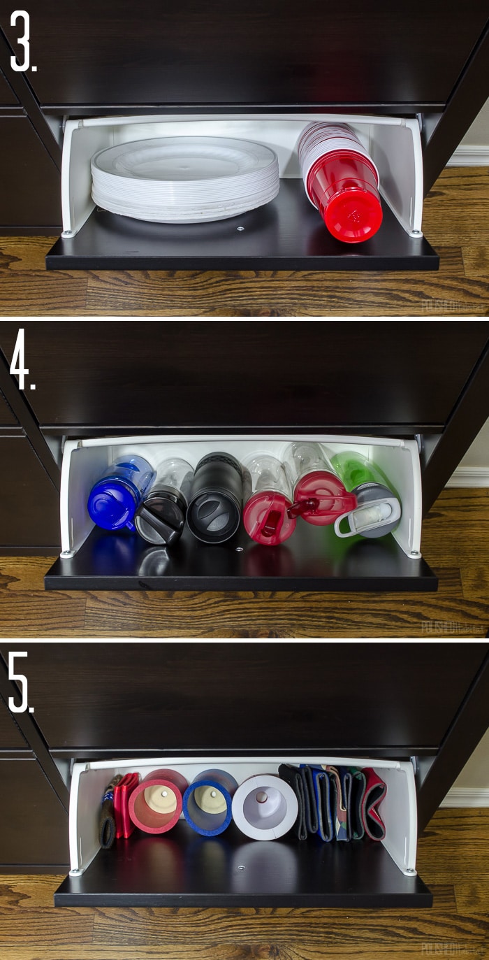 Use an IKEA shoe cabinet to add kitchen storage. Love the ideas to use it for disposable items, water bottles, and koozies. Click to see 11 more things you store in a shoe cabinet! 